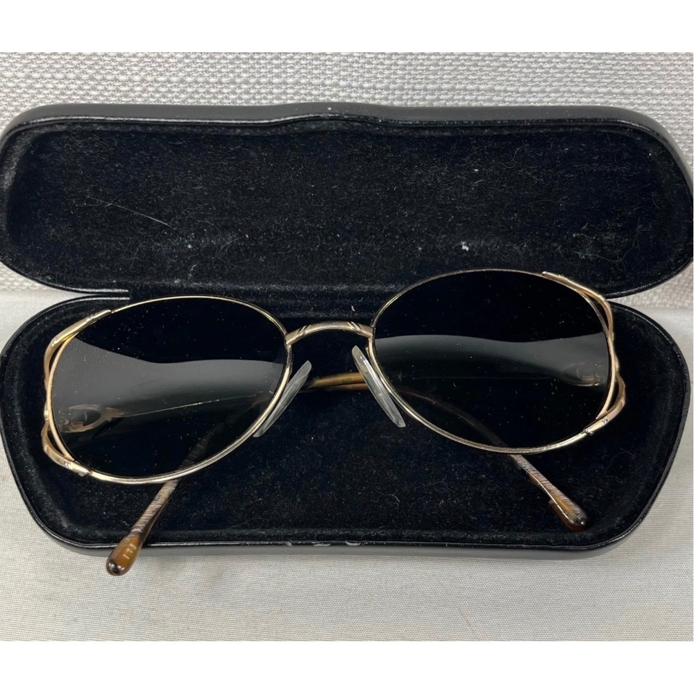 Vintage Gold Metal Oval Sunglasses with Tortoise Temples and Case